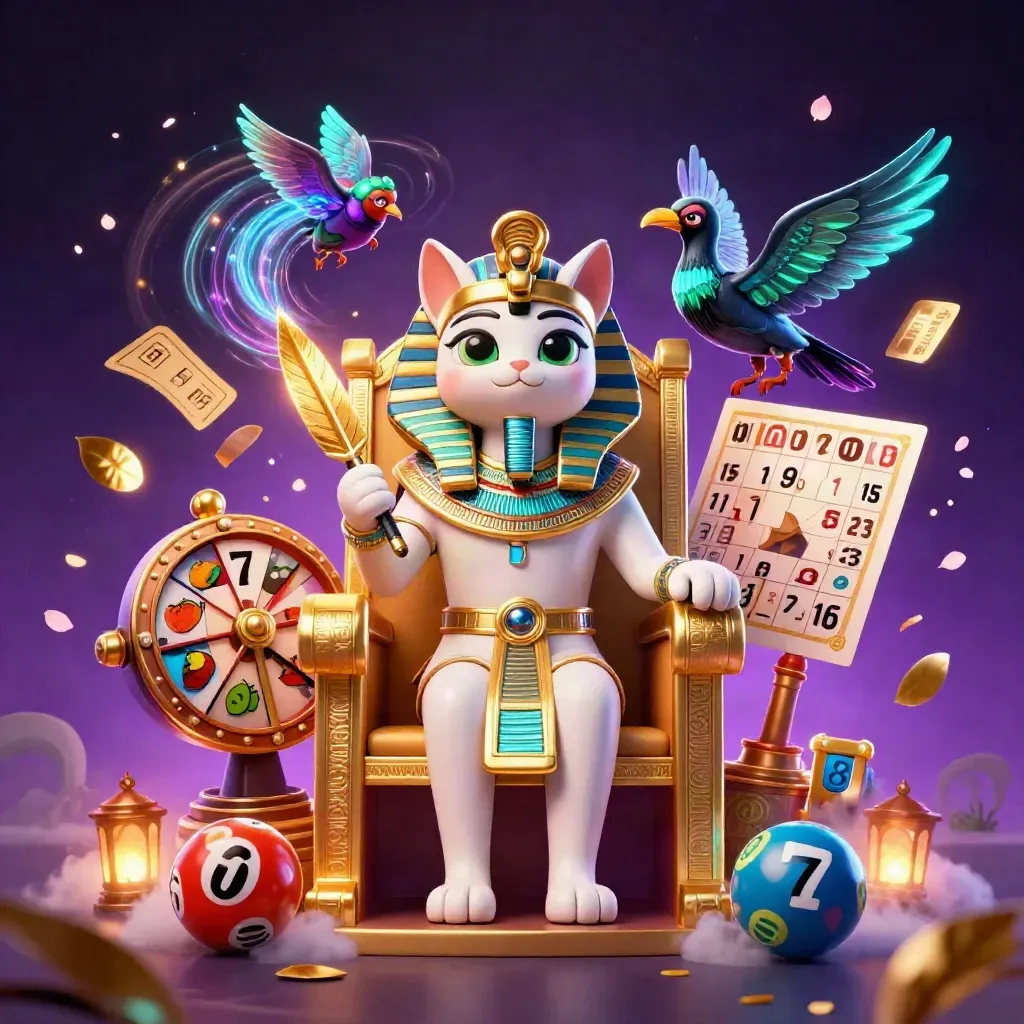Egyptian pharaoh cat, ibis scribe and scarab beetles bursting from a gold casino throne