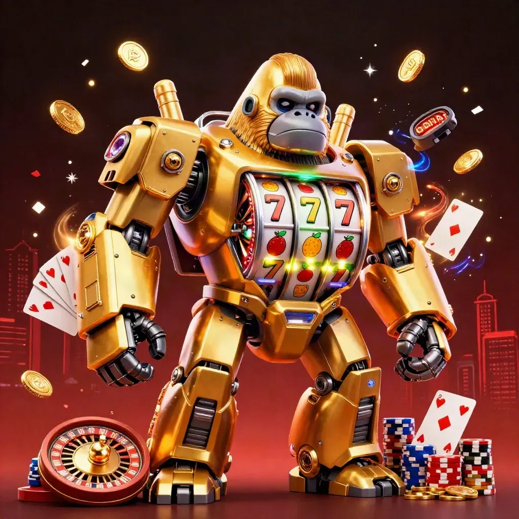 Golden gorilla slot mech with tiny monkey pilot, coins, reels, roulette, chips and fireworks