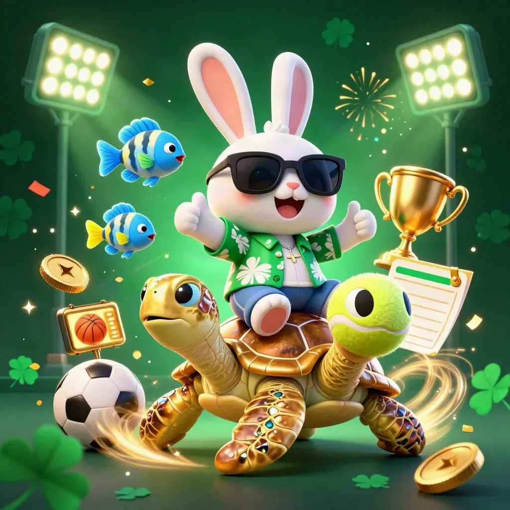Rabbit on a golden turtle with sports balls, coins, sparks, and a glowing score panel.