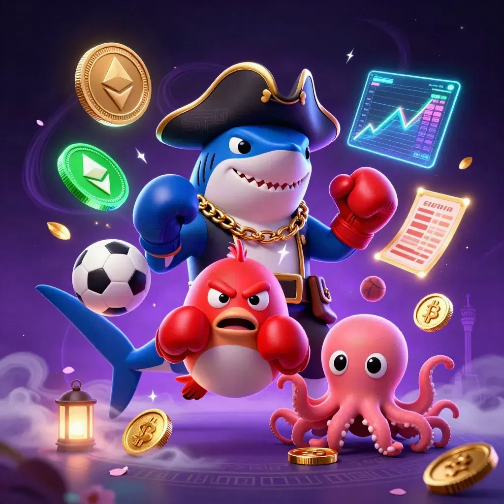 Shark pirate, boxing pufferfish, and coin-juggling octopus amid neon crypto and sports-betting magic.