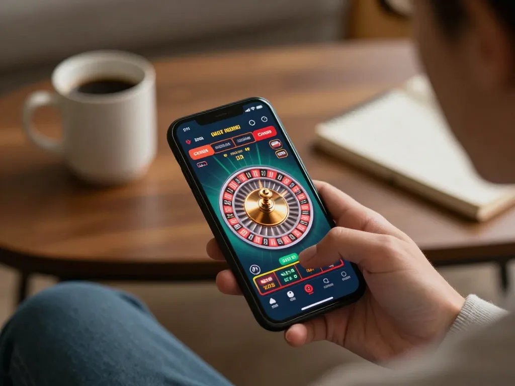 Bí quyết chọn gà chọi hay during an online betting session on a smartphone creatively displaying a casino app interface