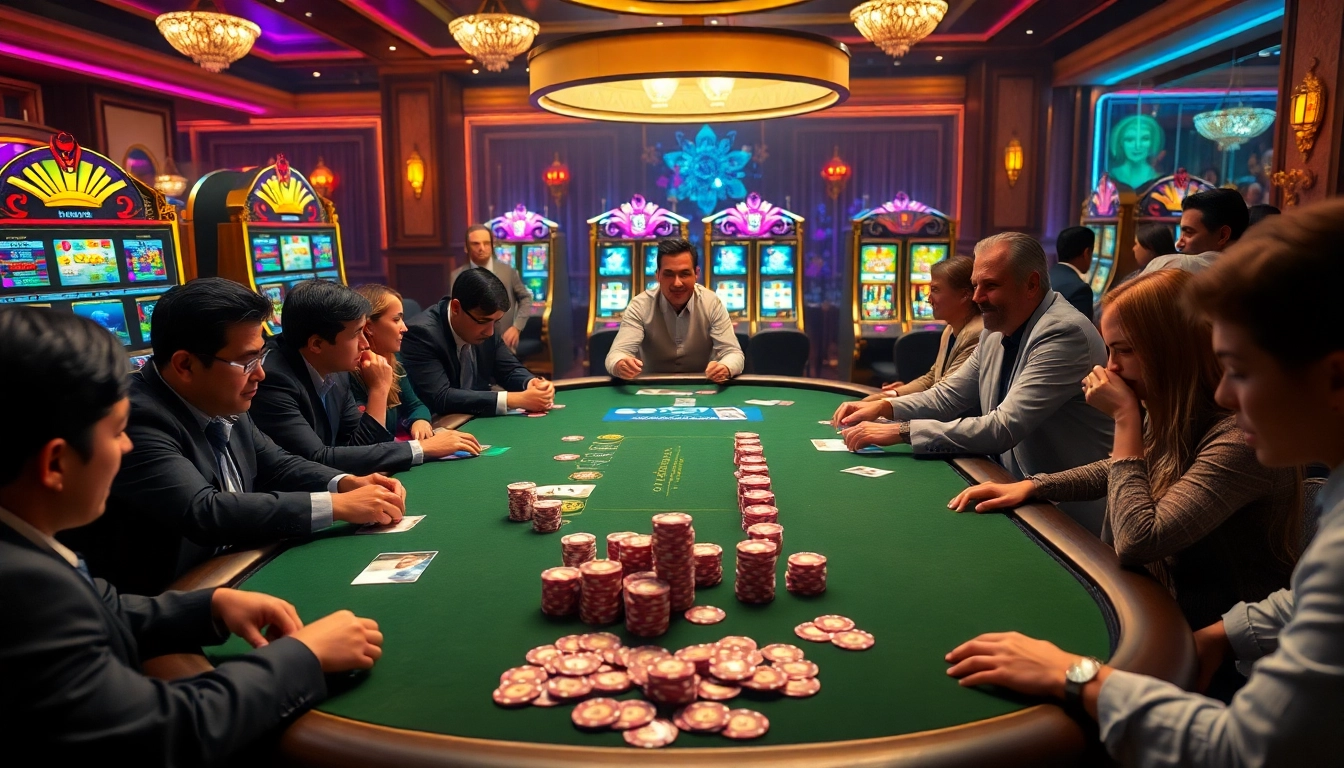 A dynamic gaming scene at 789club showcasing players engaging with poker and slot machines.
