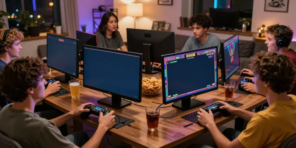 Friends enjoying a gaming night with Lucky777 on screen and snacks.