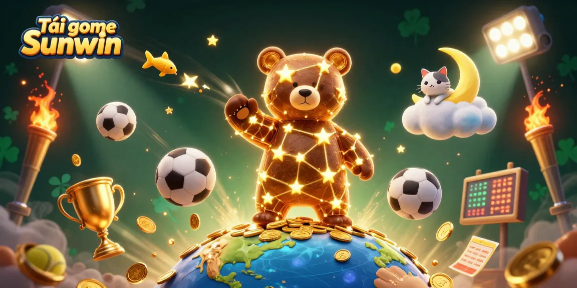 Tải game Sunwin with a vibrant 3D illustration of a golden constellation bear collecting coins, perfect for online gaming.