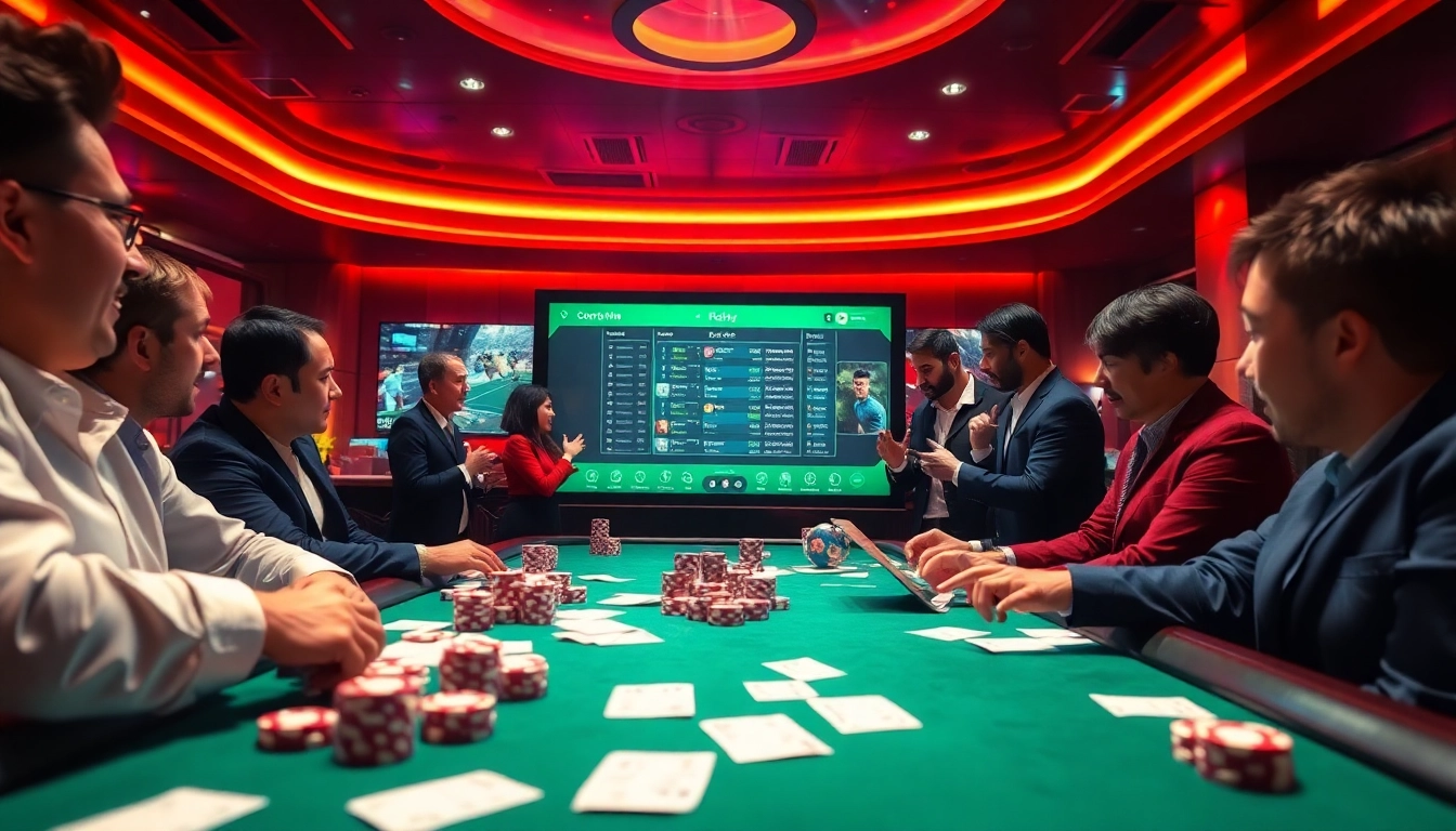 Dynamic action of gamblers placing bets on kèo bóng đá with vibrant betting slips and poker chips.