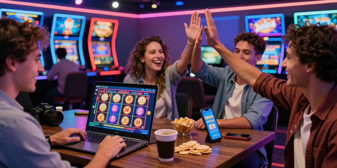 Best new online casinos scene with players enjoying vibrant gameplay on laptops and smartphones, highlighting a social gaming atmosphere.