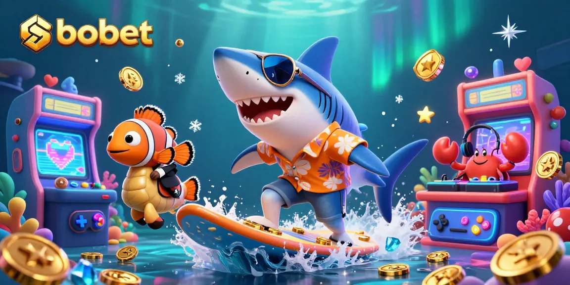 SBOBET betting adventure featuring a playful shark, clownfish, and DJ crab surfing on gold coins
