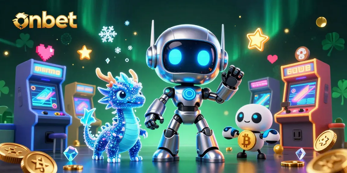 Experience the thrill of onbet with a dazzling 3D cyberpunk casino scene featuring a robot and digital companions.