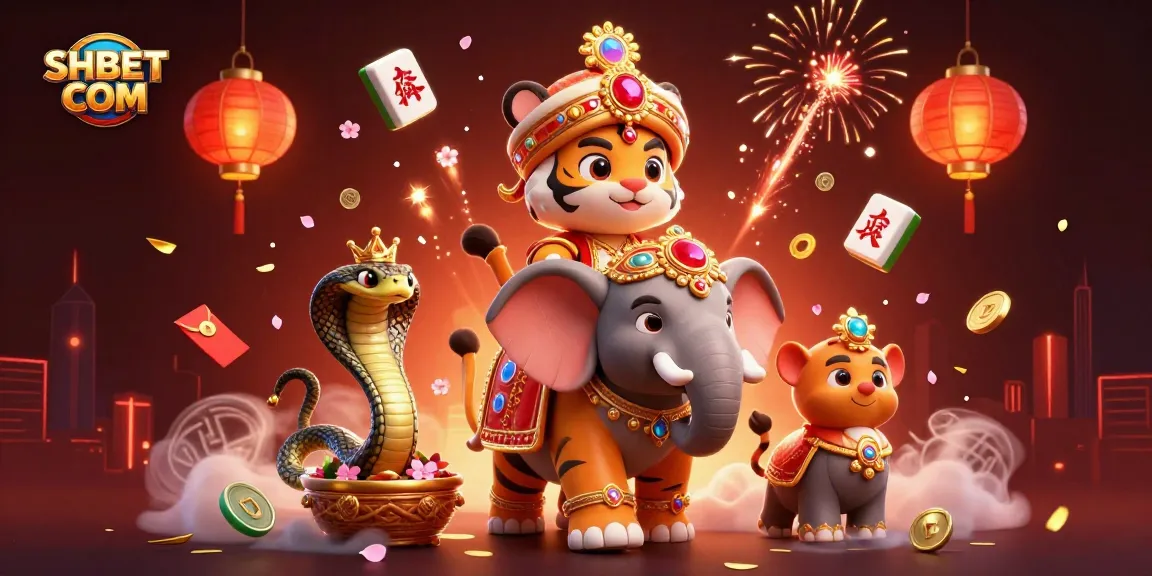 Experience vibrant casino action with SHBET COM in a dynamic 3D illustration featuring a maharaja tiger.