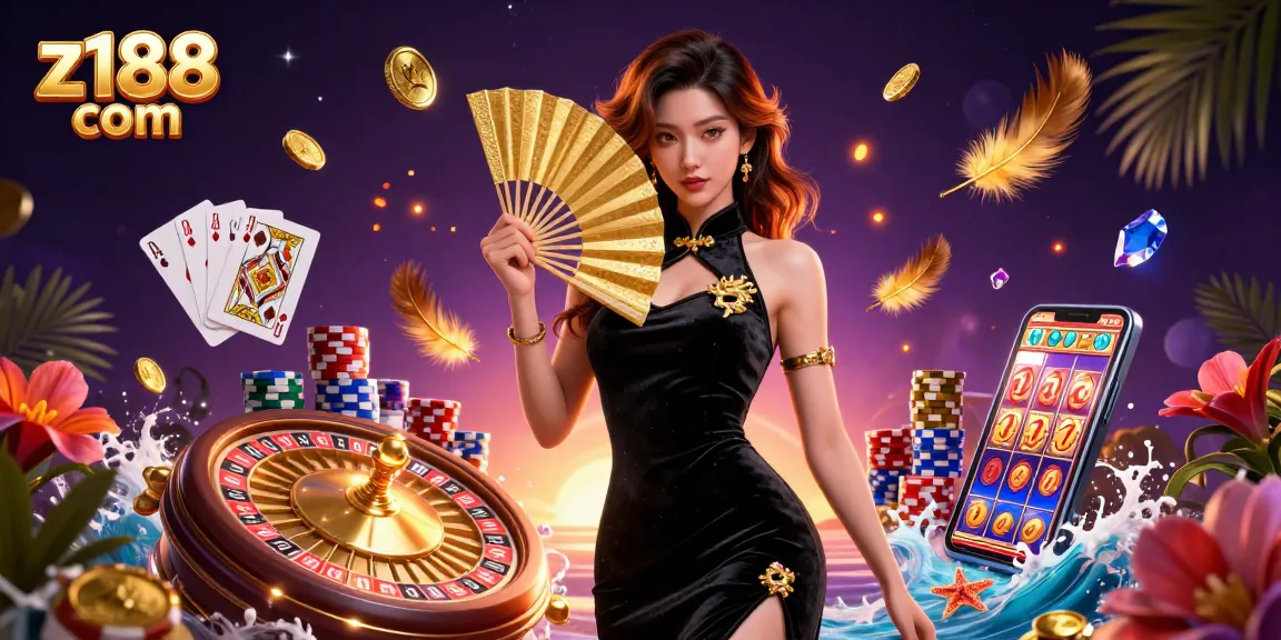 Experience thrilling gameplay at z188 com with stunning casino visuals, featuring a captivating Asian woman amidst dynamic gaming elements.