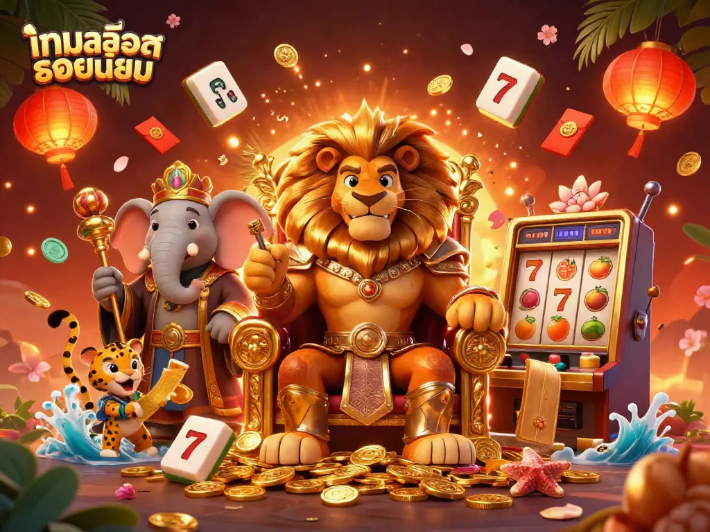 Experience thrilling gameplay with เกมสล็อตยอดนิยม featuring a lion king, elephant advisor, and cheetah messenger in a vibrant casino scene.