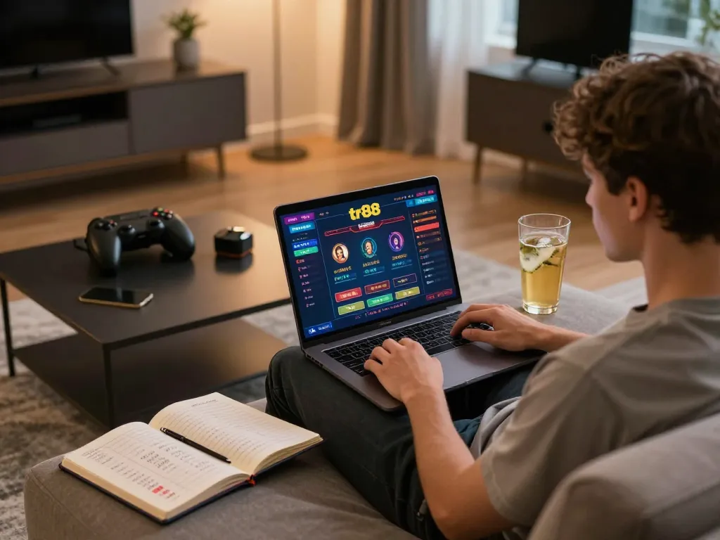 Player engaging with tr88 online gaming platform on laptop in comfortable home setting.