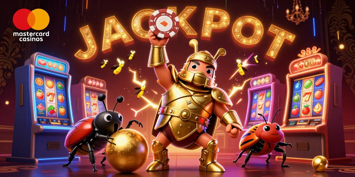 Experience thrilling gameplay at mastercard casinos with an ultra-detailed 3D illustration of a victorious gladiator beetle amidst slot machines.