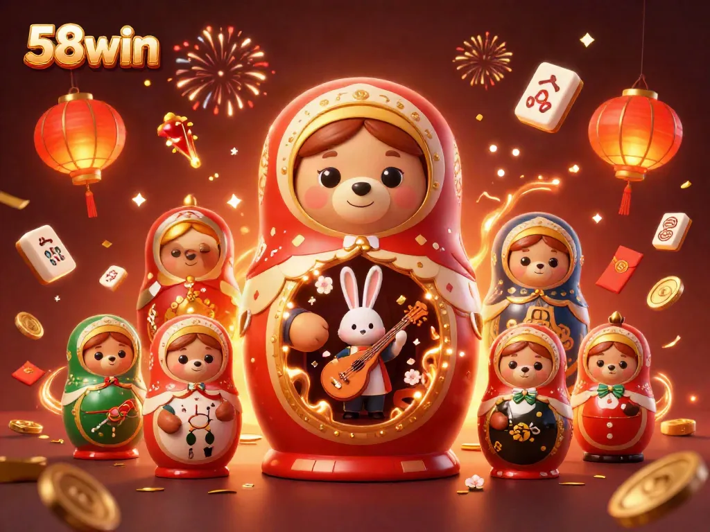Experience the excitement of 58win with a vibrant scene featuring a Matryoshka bear and casino elements celebrating gaming.