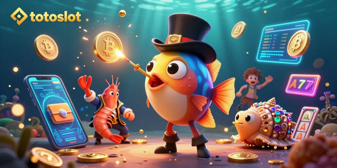 Engage with totoslot's vibrant underwater scene featuring a playful anglerfish, shrimp, and sea snail amidst rich gambling symbols.