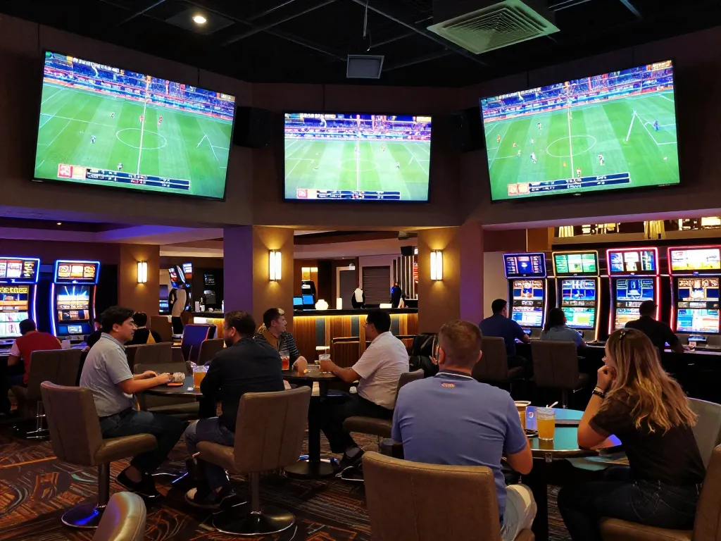 VN789 sports bettors engrossed in live matches with multiple screens in a lively casino setting.