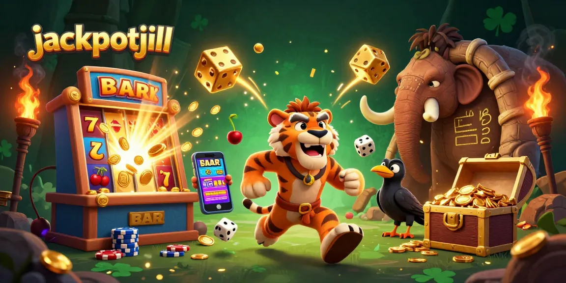 Win big with jackpotjill in this vibrant prehistoric casino scene filled with excitement!
