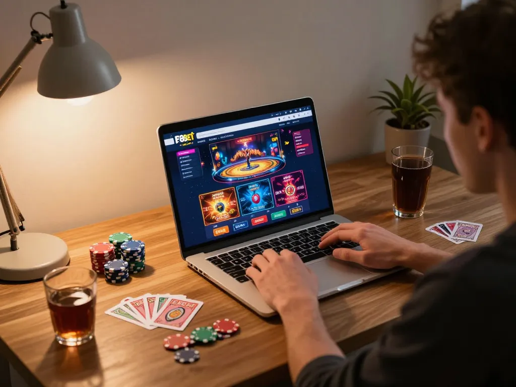 Player enjoying online gaming session via F8BET on laptop, showcasing vibrant casino graphics.