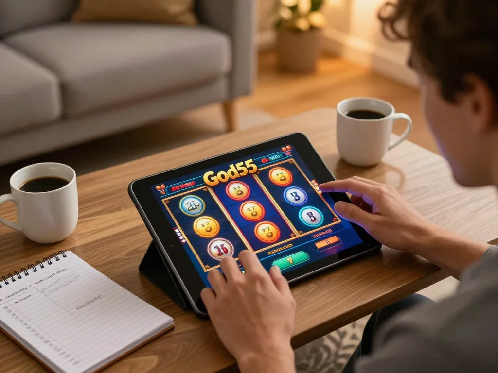Engaged player enjoying online God55 slots in a cozy home environment, promoting responsible gaming.