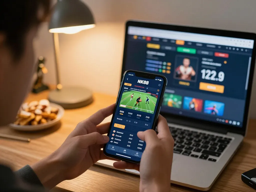 Navigating the NK88 trang chủ sports betting app on smartphone, showcasing engaged user experience.