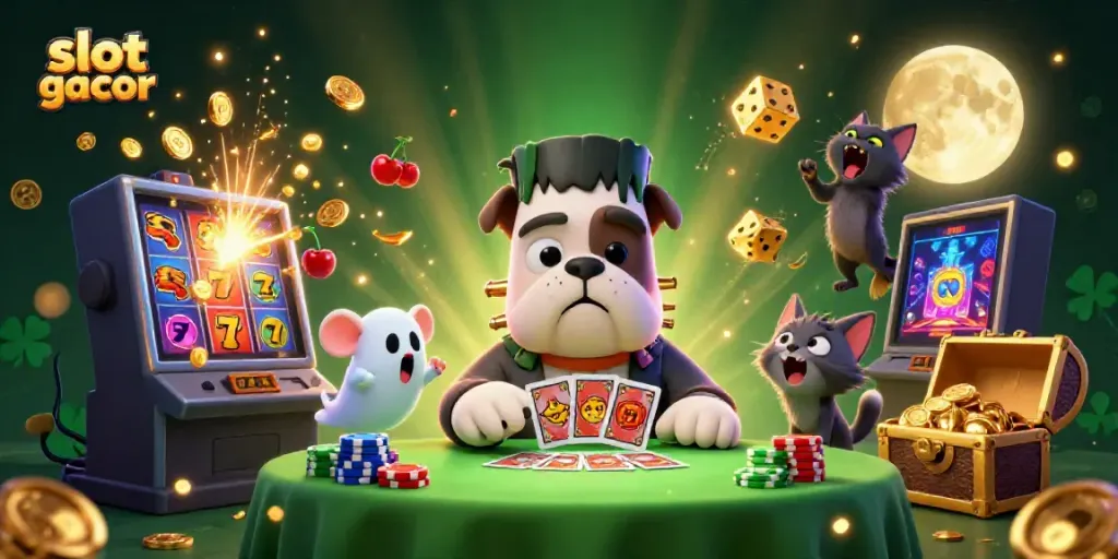Engage with slot gacor on a vibrant 3D illustration featuring a Frankenstein bulldog and casino elements.