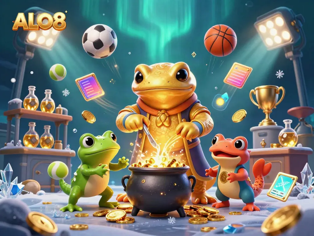 Experience ALO8's vibrant gaming world with golden salamanders and sports elements in action.