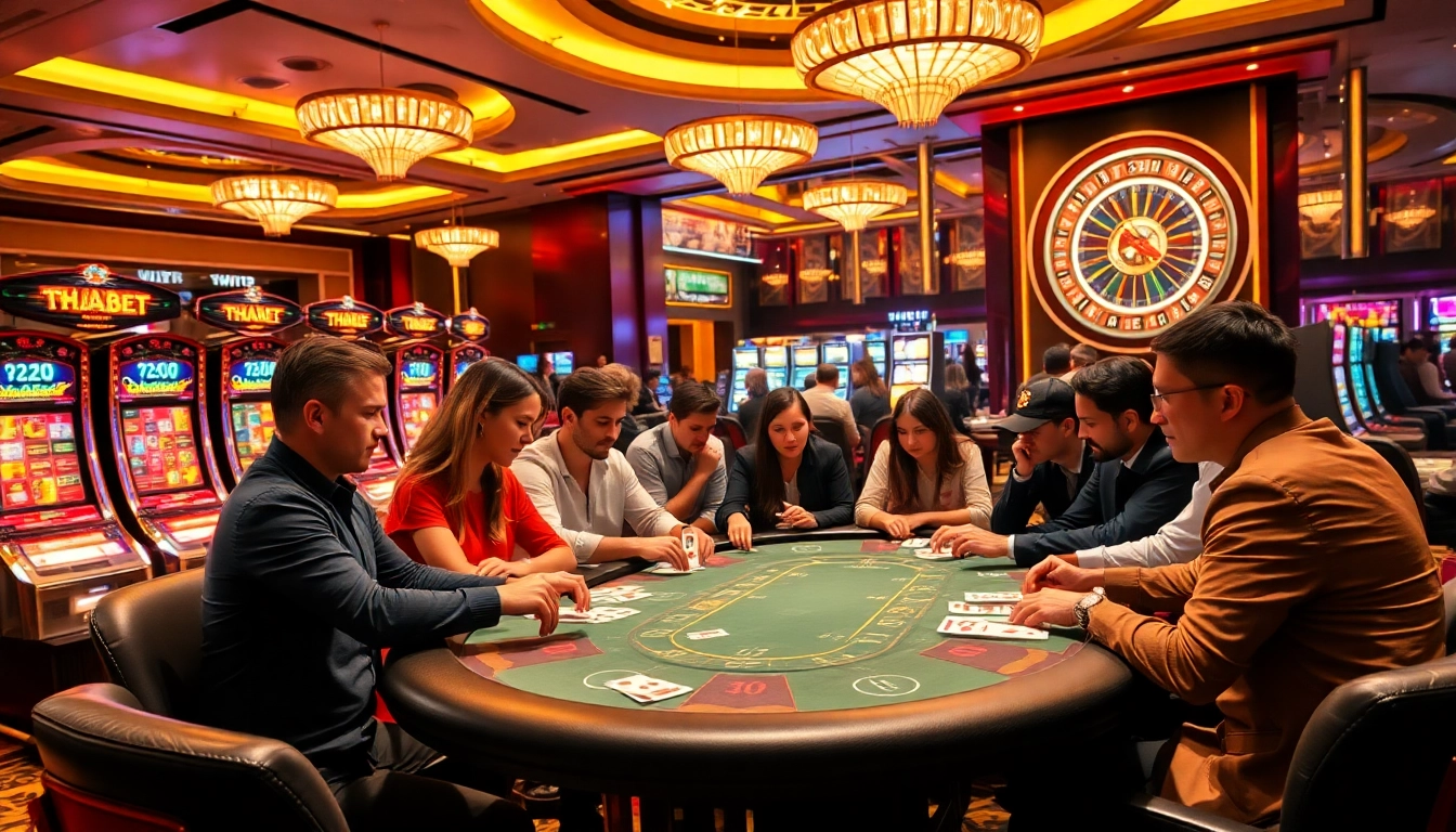 Players enjoying thrilling poker games at Thabet Casino with vibrant slot machines.