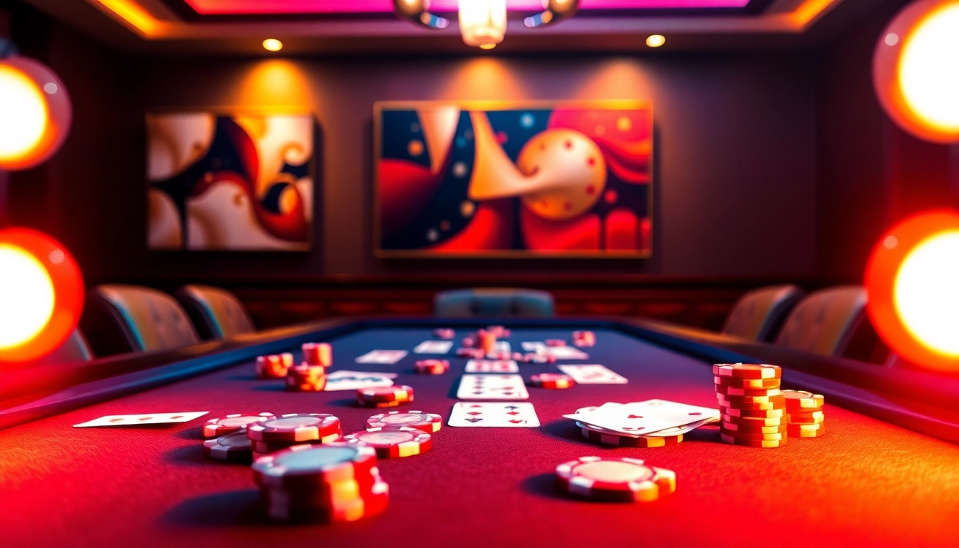 Erlebe die aufregende Atmosphäre von casinospielen.de mit glamourösen Casino-Elementen und leuchtenden Farben.