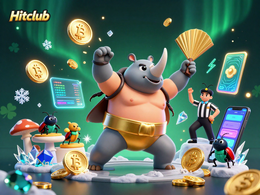 Hitclub offers exciting gaming opportunities with a vibrant scene of beetle champions celebrating amidst flying coins.
