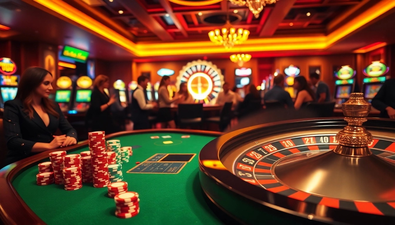 Gamblers enjoying a thrilling night at du88 casino with poker chips and roulette wheel.