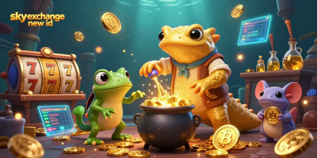 Engage with the exciting world of Sky Exchange new id, featuring a golden salamander alchemist amid vibrant slot reels and crypto coins.