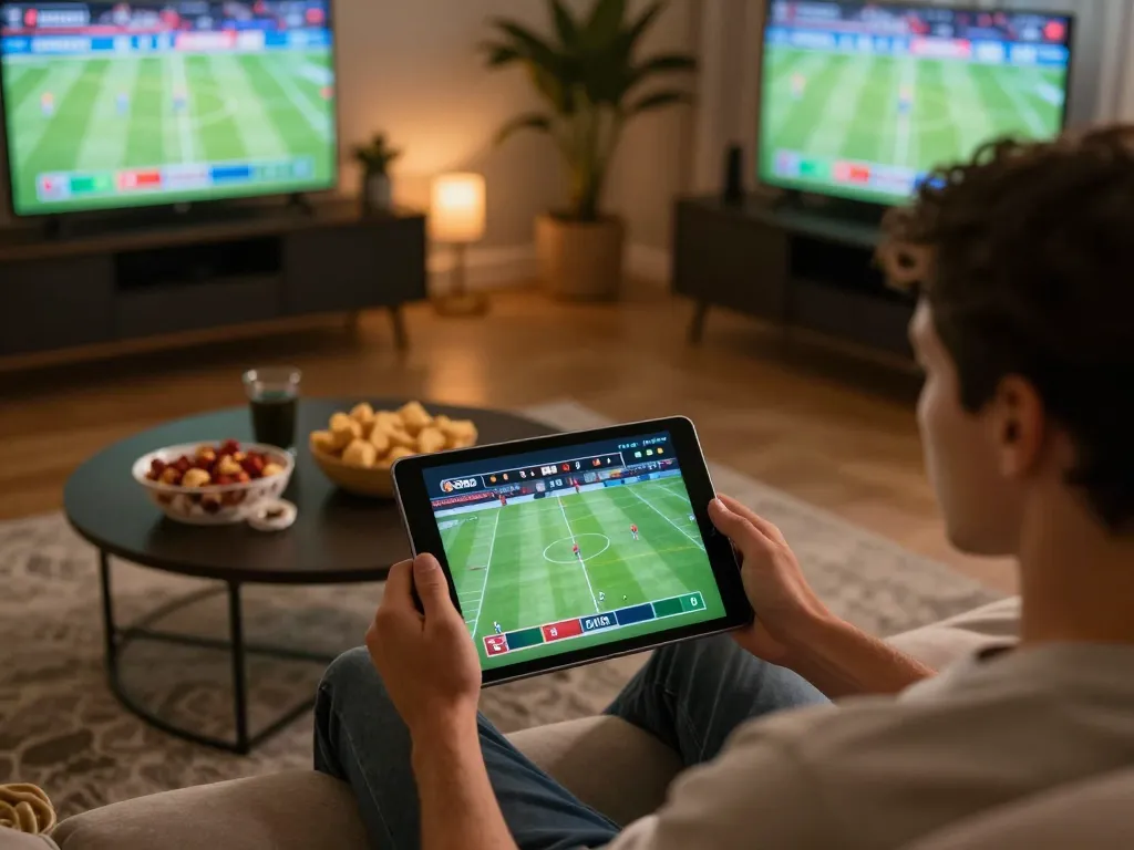 Orang yang berinteraksi dengan SPBO untuk skor sepak bola langsung selama malam taruhan olahraga di rumah yang nyaman
