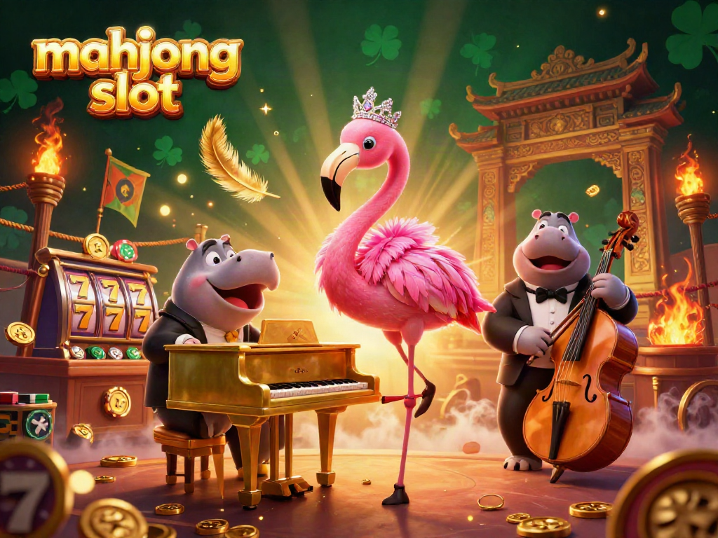 Engage in the mahjong slot experience with a dazzling 3D casino illustration featuring lively characters and gambling elements.