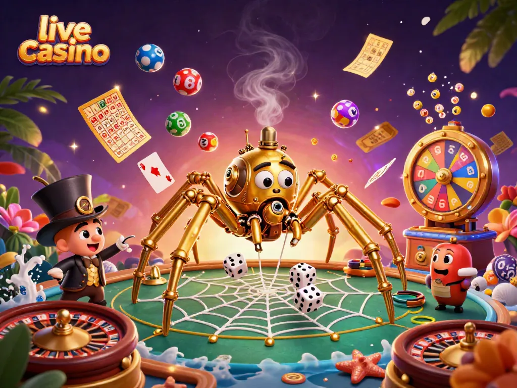 Menang di live casino dengan dealer langsung, sambil dikelilingi oleh bola lotere yang berwarna-warni dan suasana penuh energi.