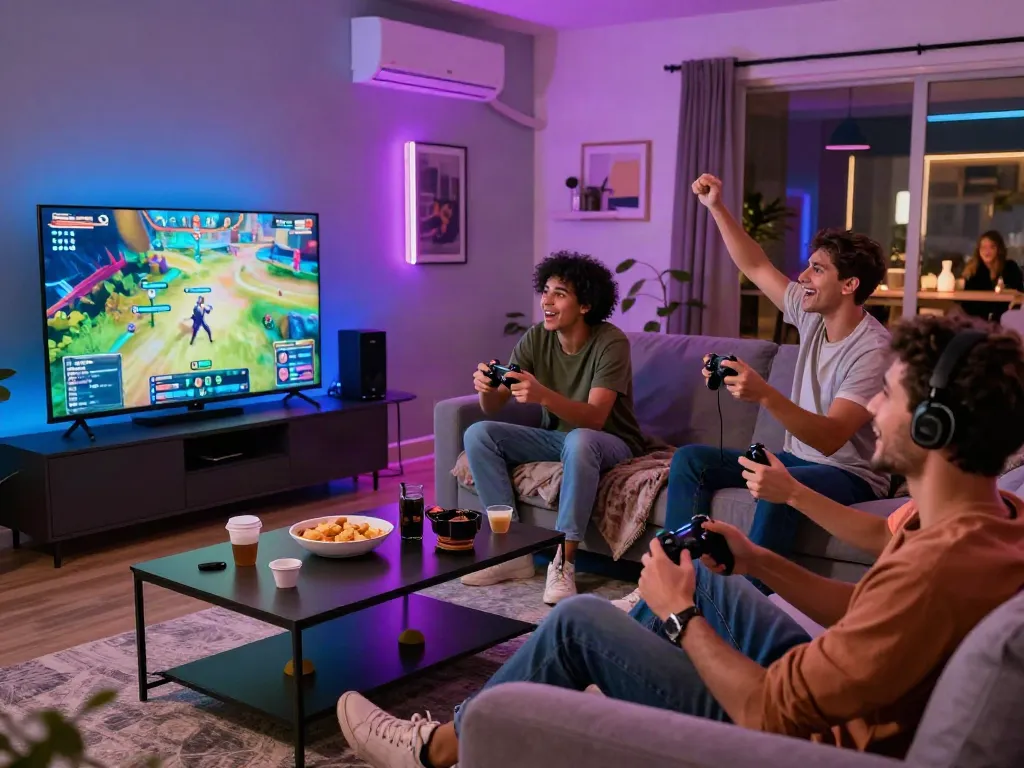 Akunjp gaming night with friends playing video games in a modern living room.