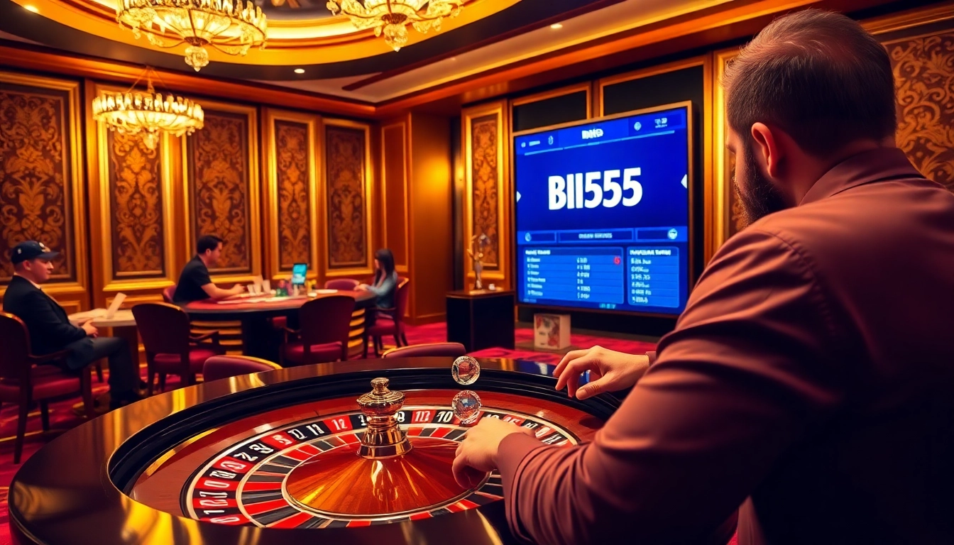 Bl555's thrilling gaming experience at a luxurious roulette table surrounded by poker chips.