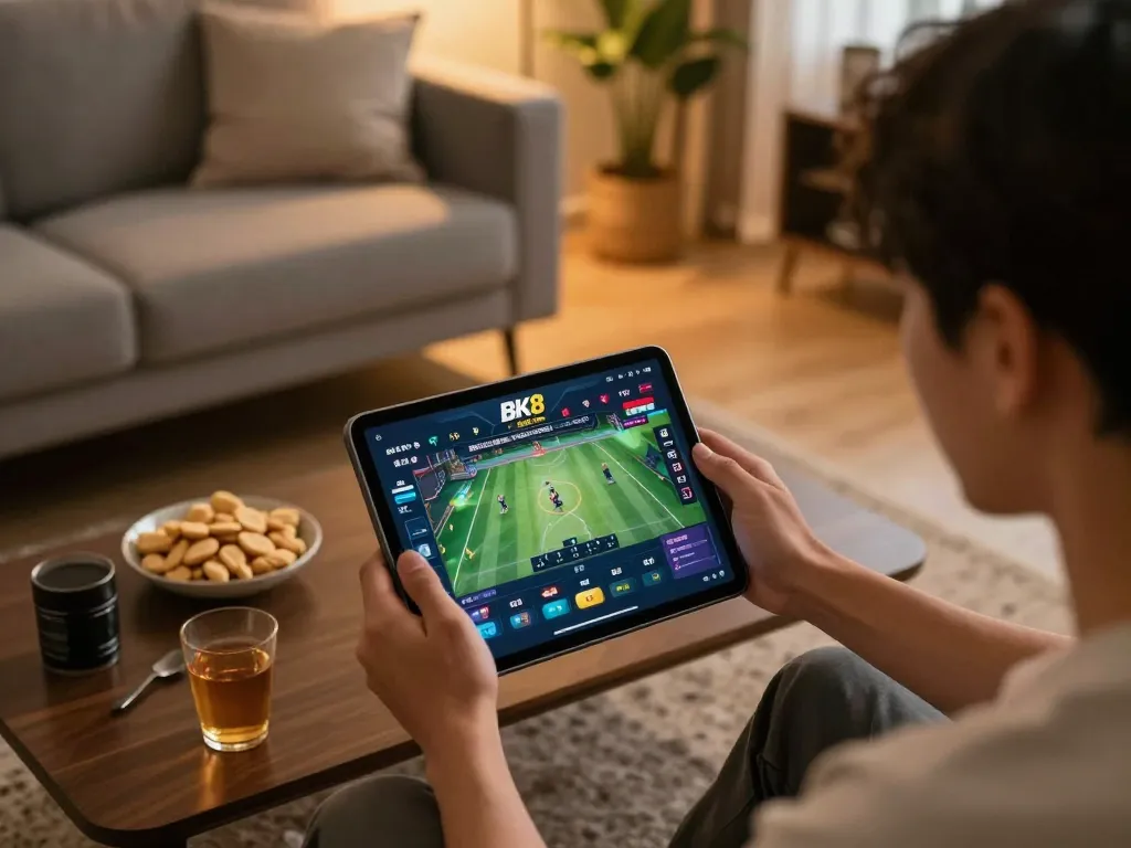 Player engaging with BK8 betting app, enjoying an exciting online gaming experience at home.