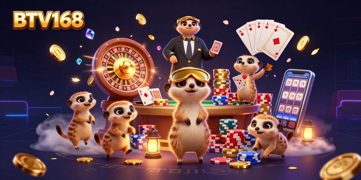 BTV168 showcases a vibrant 3D cartoon scene of meerkats running a lively casino, featuring lively slot machines and roulette wheels.