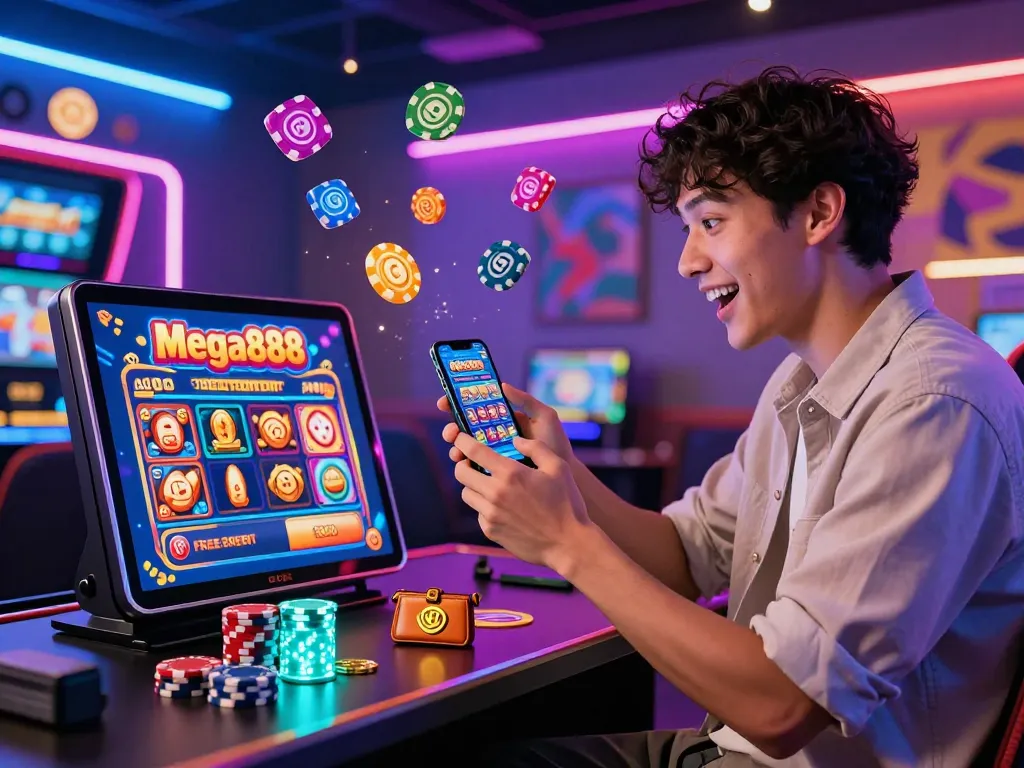 Joyful player exploring free credit mega888 promotions on smartphone, surrounded by vibrant gaming graphics and colorful chips in a modern setting.