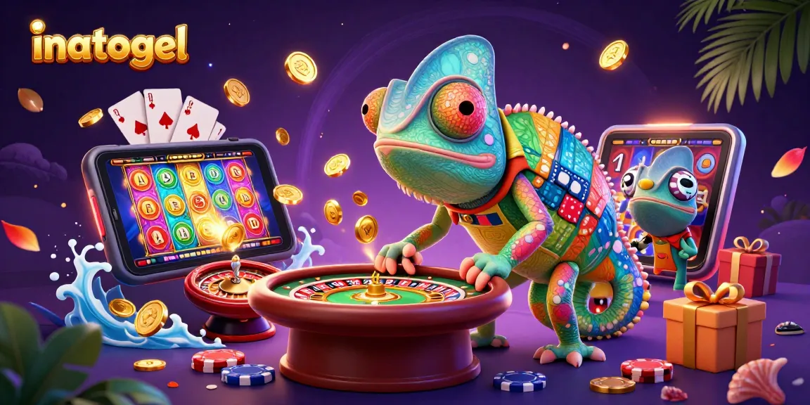 Inatogel menghadirkan pengalaman kasino dengan chameleon pemilik, permainan kartu, dan koin emas yang bersinar.