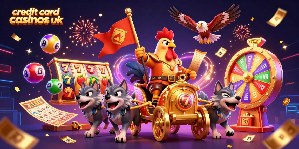 Experience the excitement at credit card casinos uk with a vibrant 3D scene featuring a rooster warlord, slot reels, and dynamic gaming elements.
