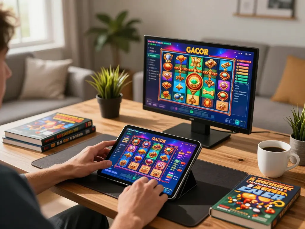 Player engaged in a gacor slot game on tablet, showcasing vibrant graphics and betting strategy materials nearby.