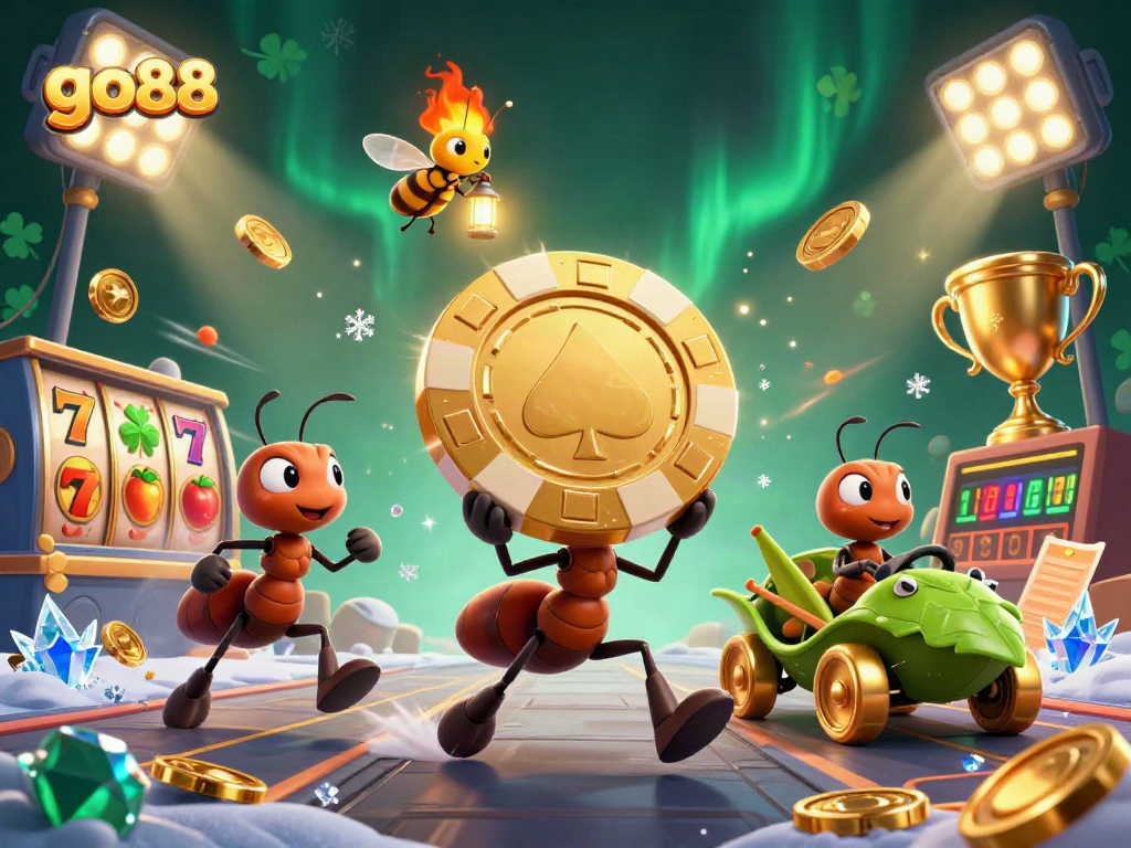 Join the heist with go88 as playful ants carry a giant poker chip through a dynamic casino scene.