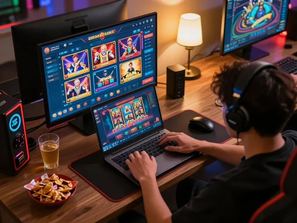 Player exploring online gambling options at open88 with a modern laptop setup, engaging interface, and snacks.