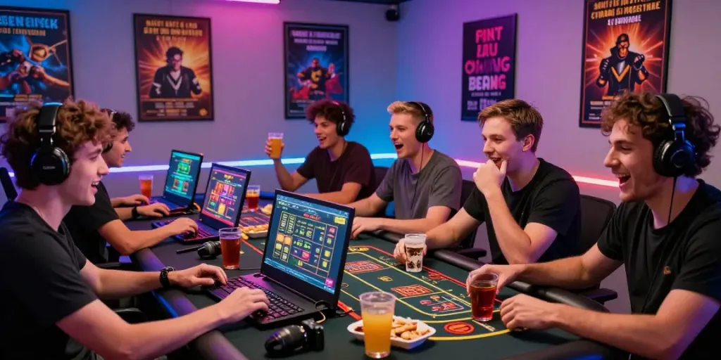 Group enjoying online casino games with akunjp excitement in a vibrant setting