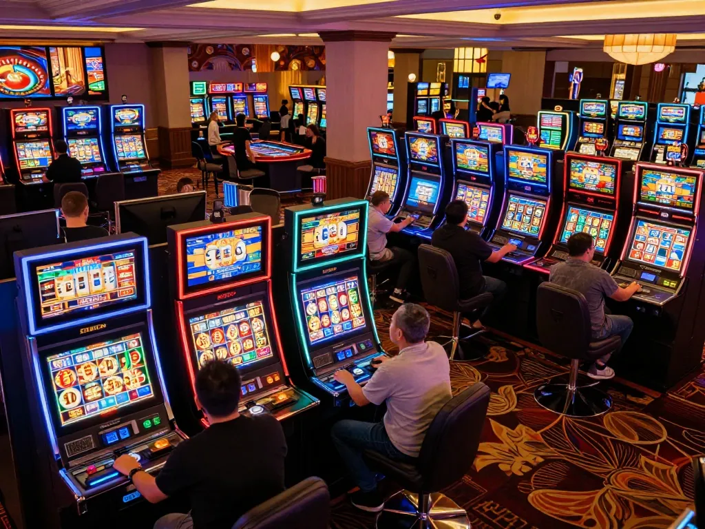 Players engaging with thrilling slot machines at a bustling casino, enhancing their tr88 experience.