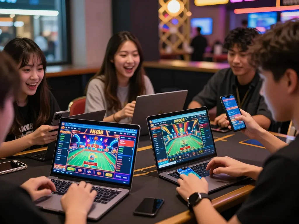 Exciting NK88 gambling experience with young adults engaging in online betting.