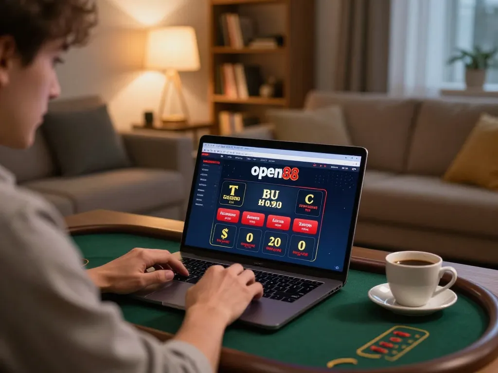 Player enjoying online gambling on open88 platform in cozy home setting with laptop and coffee.