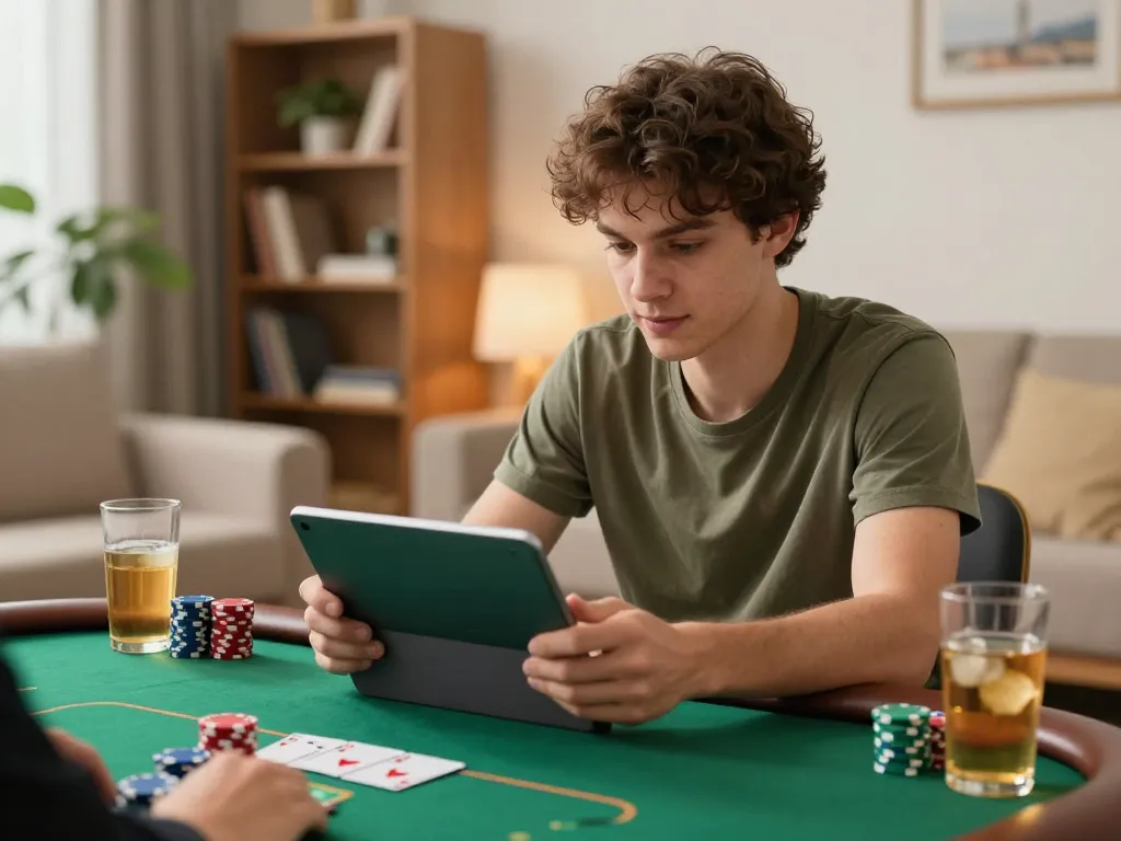 123hero engages in online poker strategy in a cozy living room setting with warm lighting