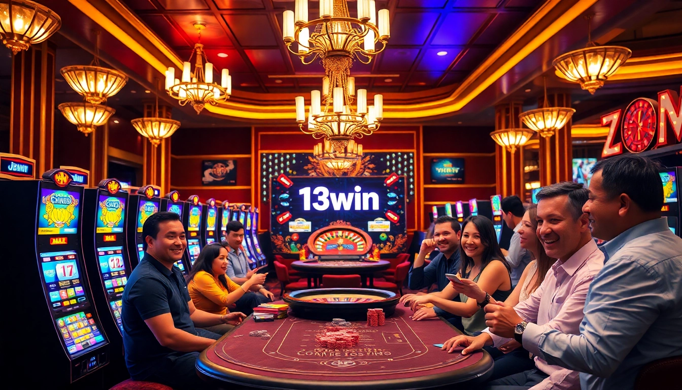Engaged gamblers experiencing the thrill of winning at 13win casino games with vibrant slot machines.